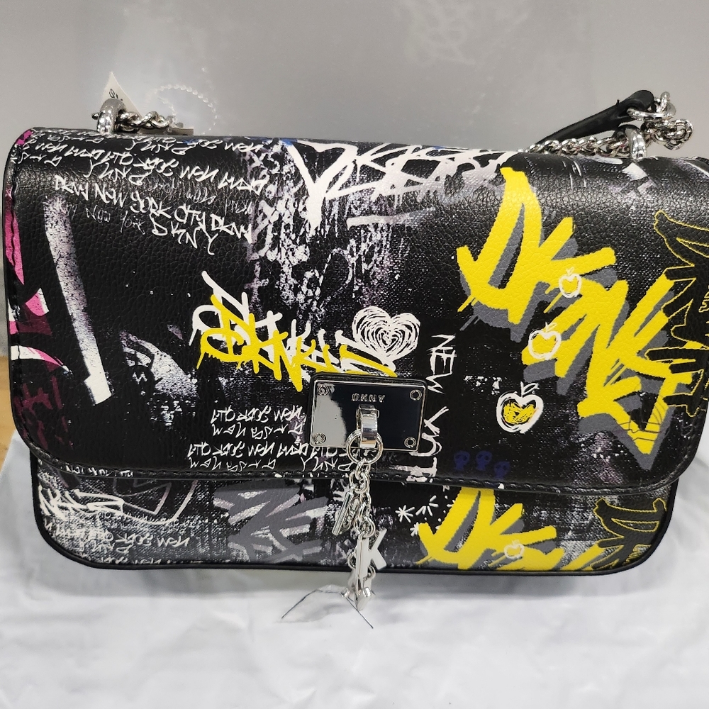 DKNY | Cleo Medium Graffiti Shoulder Flap Crossbody Black Bag